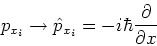 \begin{displaymath}p_{x_i} \rightarrow \hat{p}_{x_i} = -i\hbar\frac{\partial}{\partial x}\end{displaymath}