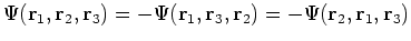 $\Psi({\bf r}_1, {\bf r}_2, {\bf r}_3) = - \Psi({\bf r}_1, {\bf r}_3, {\bf r}_2)
= - \Psi({\bf r}_2, {\bf r}_1, {\bf r}_3)$